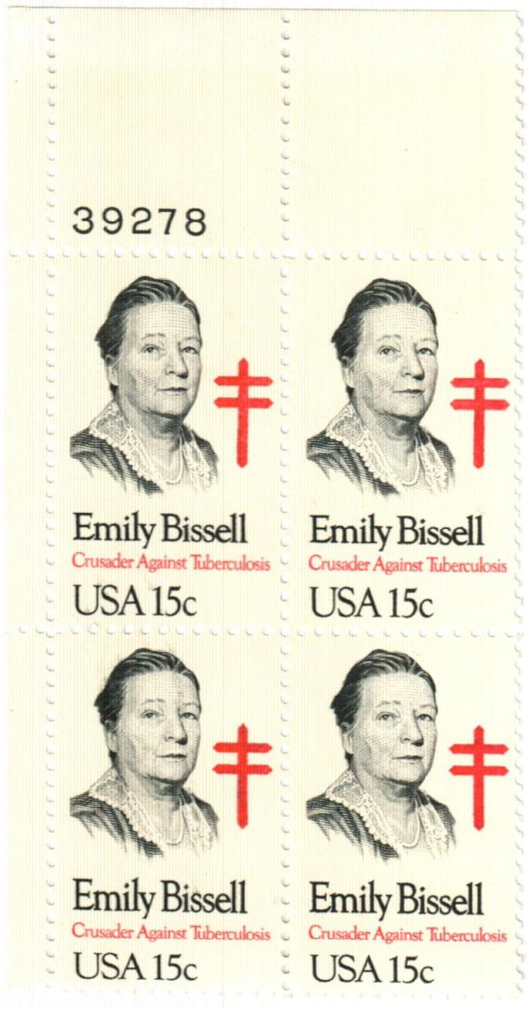 United States | 1980 Emily Bissell Plate Block of Four 15-Cent United States Postage Stamps Black and red Stamp Black & Red