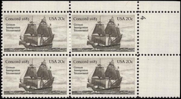 United States | 1983 German Immigration Plate Block of Four 20-Cent United States Postage Stamps Brown Stamp Brown