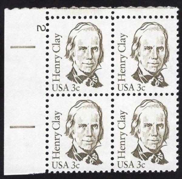 United States | 1983 Henry Clay Plate Block of Four 3-Cent United States Postage Stamps Olive green Stamp Olive green