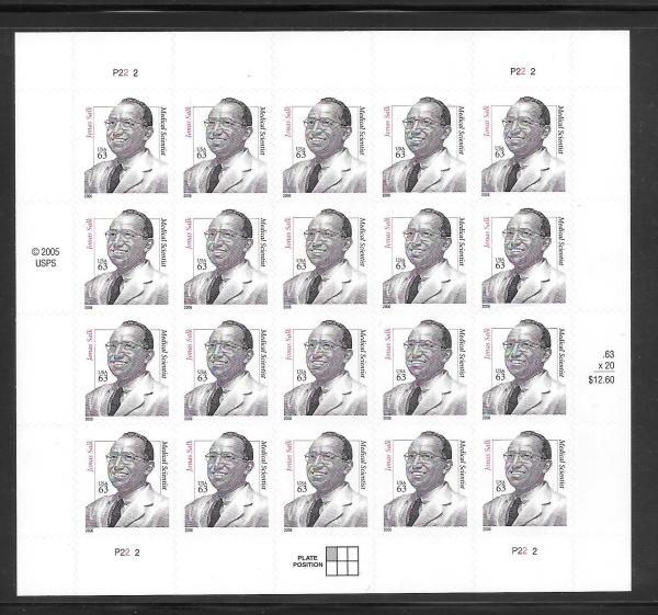 United States | Jonas Salk Sheet of Twenty 63-Cent United States Postage Stamps Issued 2006 Red and black Stamp Red & black