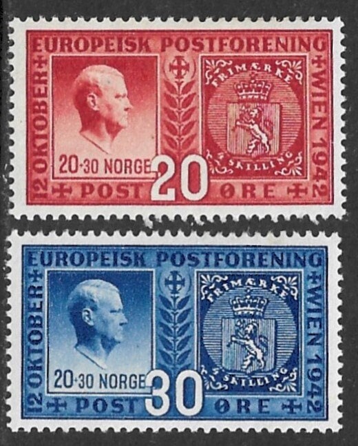 Europe | European Postal Union Set of Two Norway Postage Stamps Issued 1942 Red and Dark ultramarine Europe Europe