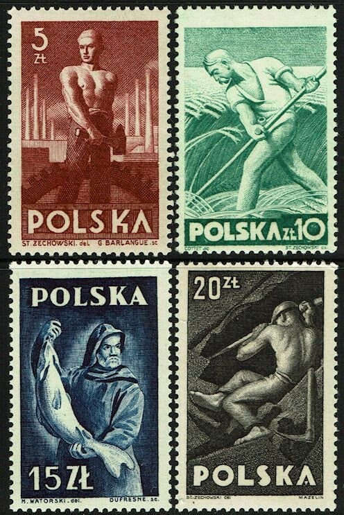 Europe | Laborers Set of Four Poland Postage Stamps Issued 1947 Europe Europe