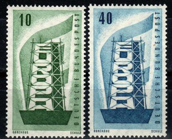 Europe | Rebuilding Europe Set of Two Germany Postage Stamps Issued 1956 Green and Blue Europe Europe