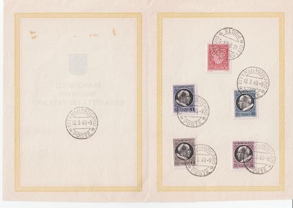 Europe | 1940 Pope Pius XII Set of Five Vatican City Postage Stamps in Folder With First Day of Issue Cancellations Europe Europe