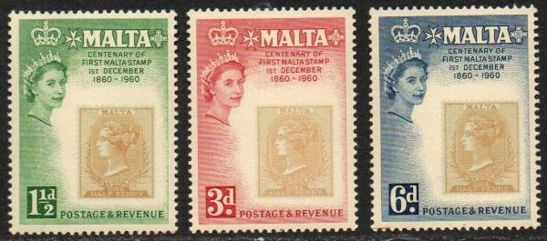 Europe | 1960 Centenary of Malta’s first Postage Stamp Queen Elizabeth II Set of Three Stamps Europe Europe