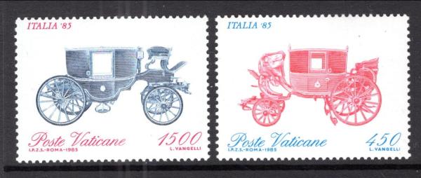 Europe | 1985 Mail Coaches Set of Two Vatican City Postage Stamps Mint Never Hinged Blue | Red Europe Blue