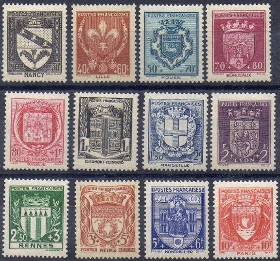 Europe | French Cities Coats of Arms Set of Twelve France Postage Stamps Issued 1941 Europe Europe