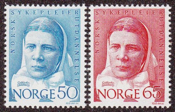 Europe | Nursing Profession Set of Two Norway Postage Stamps Blue and Red Europe Blue & Red