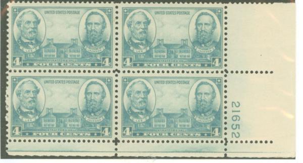 United States | Lee and Jackson Plate Block of Four 4-Cent United States Postage Stamps Issued 1937 Stamp United States